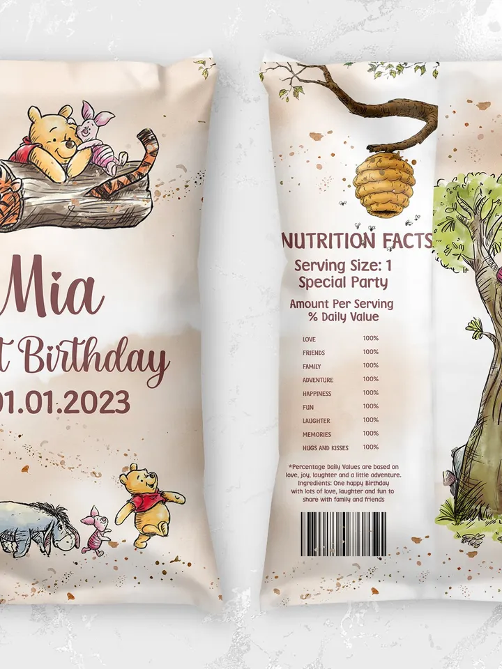 Editable Chips Label Hundred Acre Wood First Birthday party chips label; Winnie the Pooh Party; Classic Pooh Party Birthday ; wp6