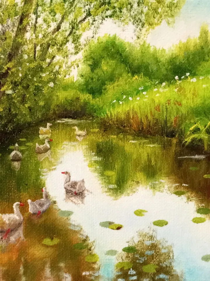 Oil painting " Geese on the pond "
