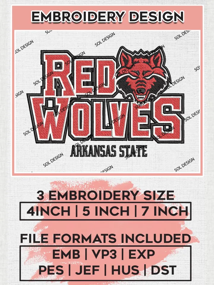Arkansas State Red Wolves Machine embroidery designs, NCAA Arkansas State Red Wolves Team Embroidery, NCAA Machine embroidery designs, Machine embroidery designs, Digital Download
