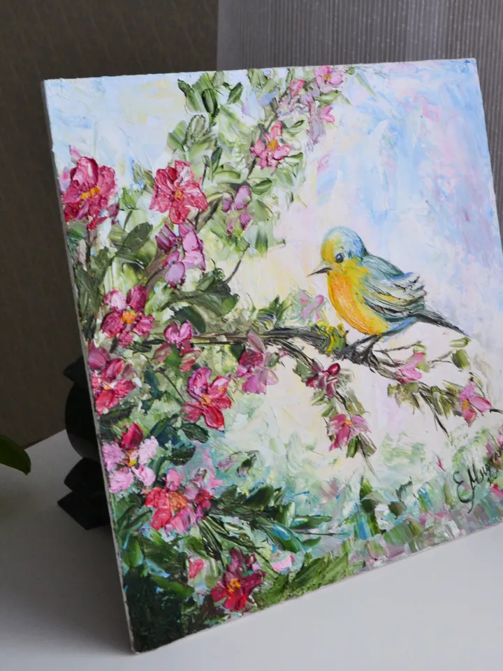 Yellow Birds Painting Original Art Bird on Flowering Branch Painting Flowers Landscape Art Spring Painting Small Bright Oil Painting 8 by 8