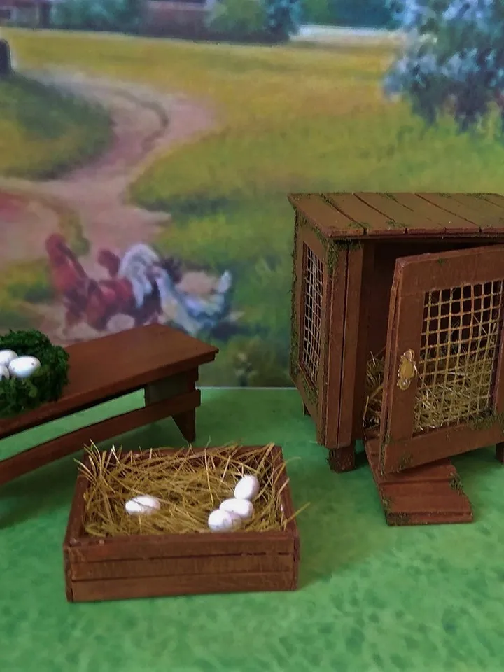 Chicken coop in miniature. Chicken coop for the doll garden.1:12 scale.