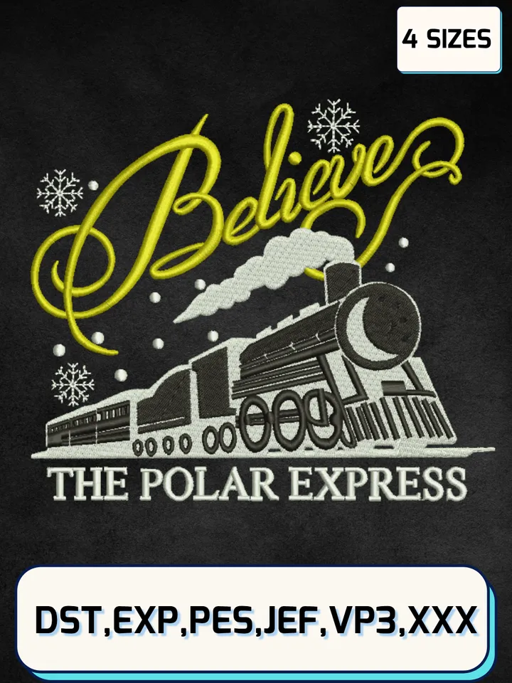 Christmas Train Embroidery Designs,The Polar Express Embroidery, Believe Christmas Embroidery,Machine Embroidery Files,4 Sizes