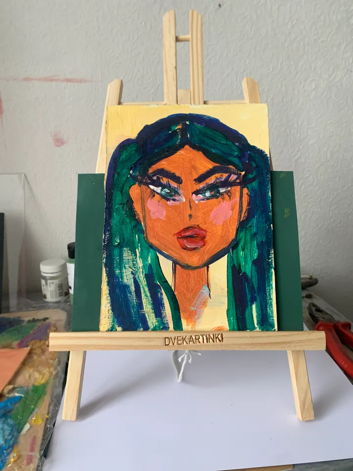 portrait of a girl with green hair bright mini-painting acrylic