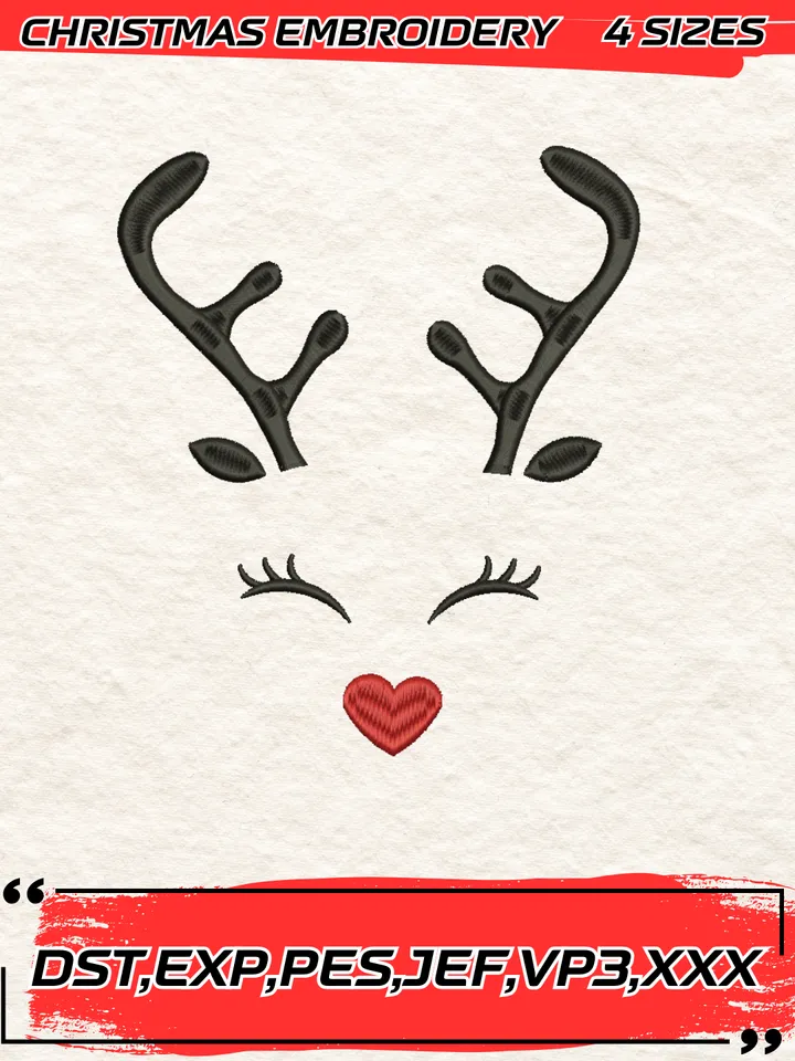 Christmas Reindeer Faces Embroidery Design,Christmas Embroidery Design,4 Sizes, Digital Download