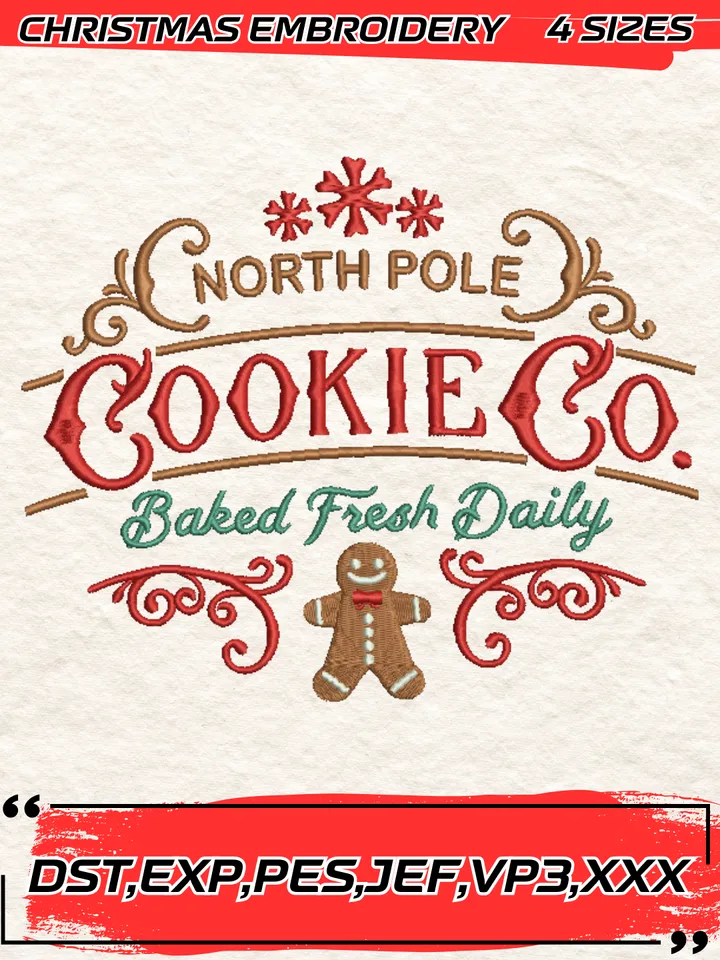 North Pole Cookie Co Gingerbread Embroidery Design,Christmas Embroidery Design,4 Sizes, Digital Download
