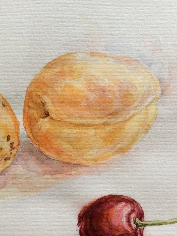 "Apricots and cherry" watercolor painting fruit small artwork original wall art still life, 17,5x12,5cm.