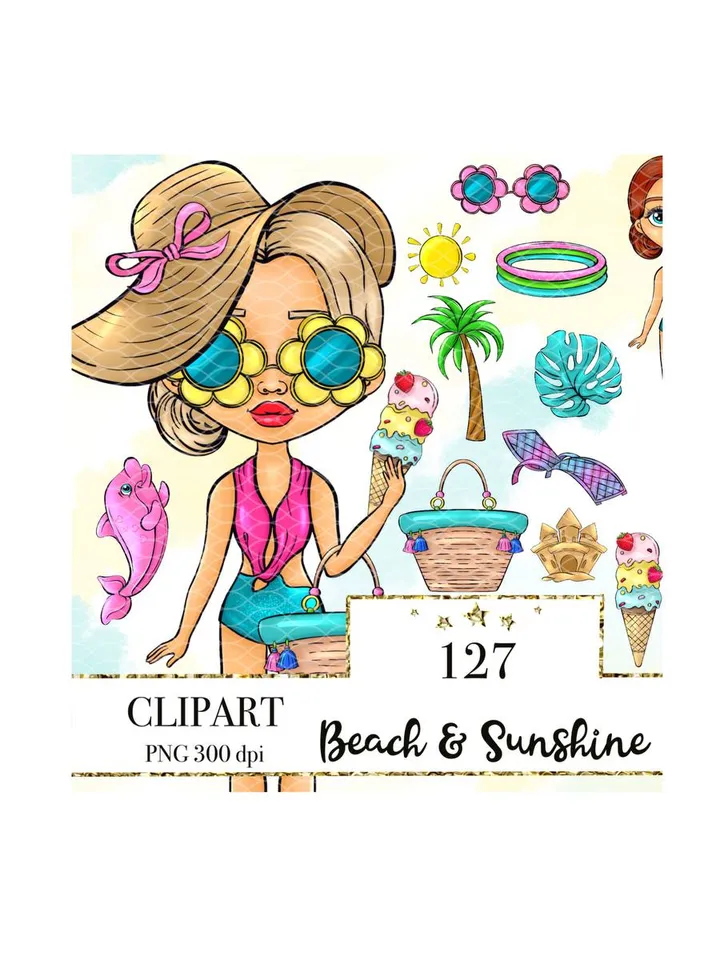 Super Beach Girls Clipart, Beach Birthday Clipart, Summer Girl Clipart, Cute Planner Stickers, Beach Nursery Decor Clipart, Summer Sublimation Png