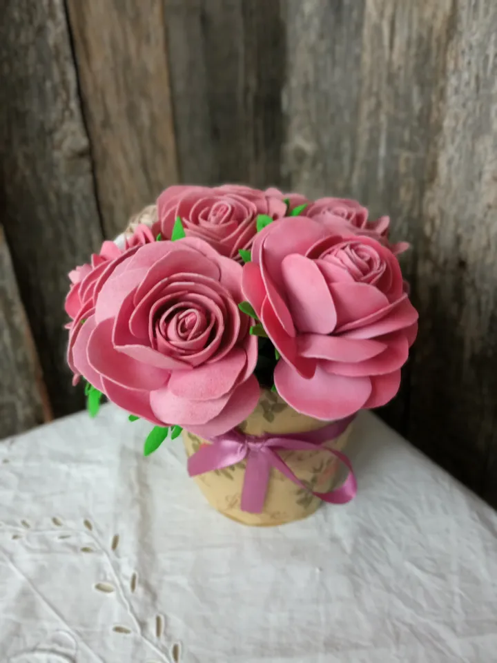Elegant Handmade Rose Bouquet in Paper Pot - Perfect Gift. Home decor indoor