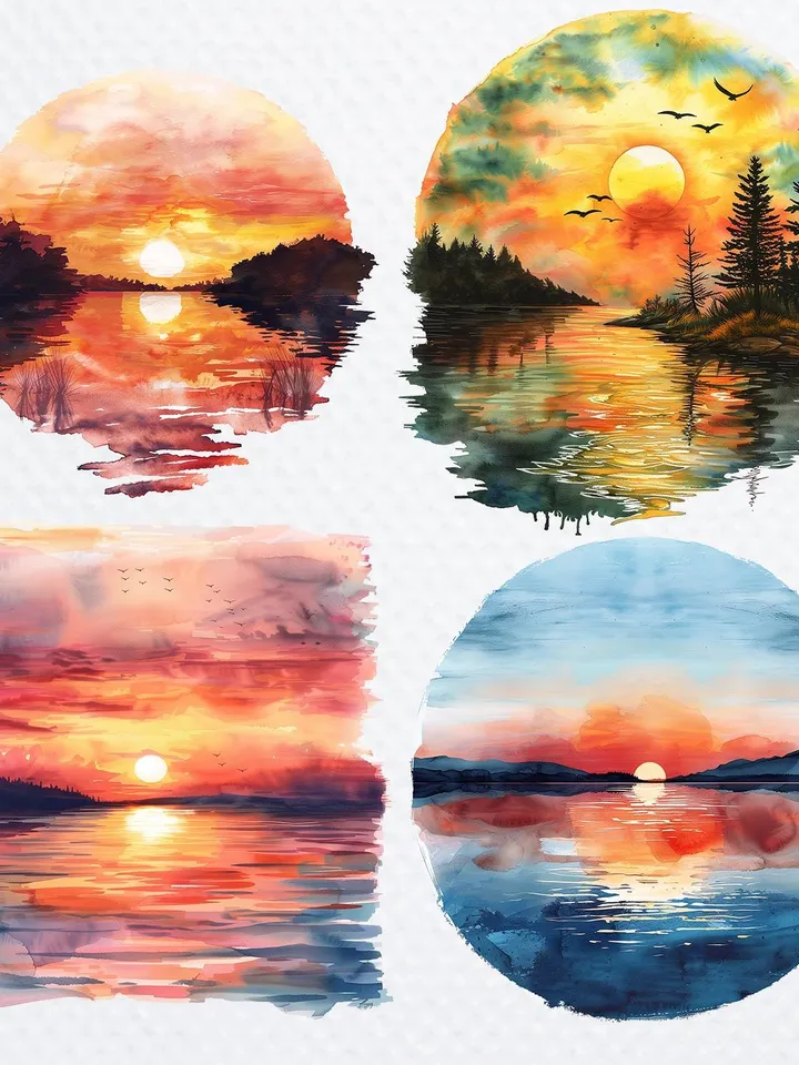 20 Sunset over Lake PNG Clipart Bundle, Lake Sunset clipart, Printable Watercolor Sublimation clipart, Digital download, Paper craft