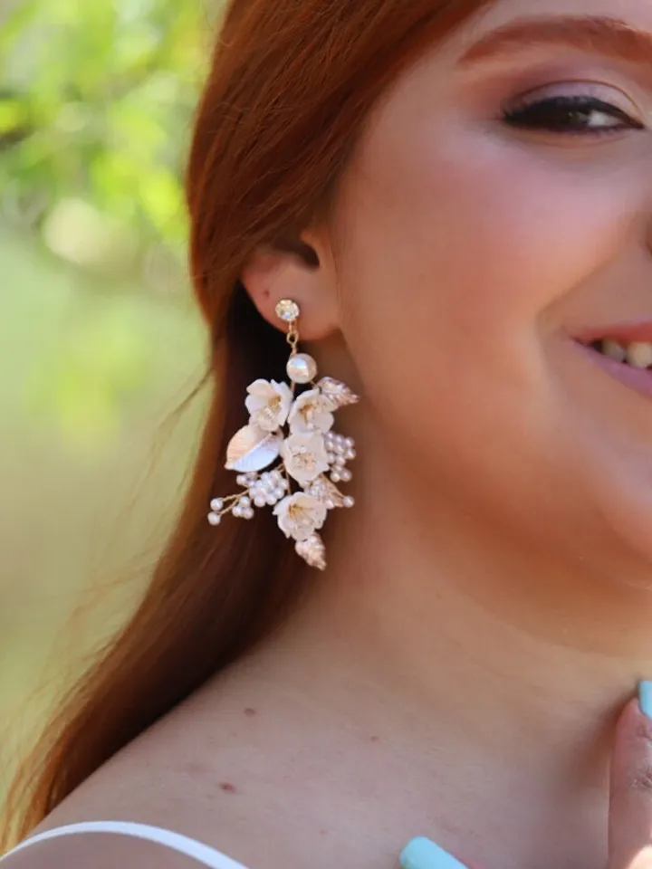 Porcelain Flower Wedding Earrings, Rose Gold Floral Statement Bridal Earrings, Pearl Boho Wedding Earrings, Statement Wedding Jewelry Set,