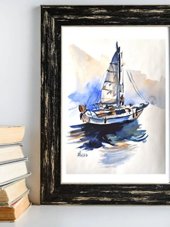 Sailboat Painting Original Watercolor Yacht Art Seascape Artwork