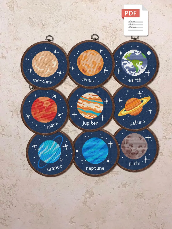 Set of 9 Planets Cross Stitch Pattern, Planets Cross Stitch Pattern, Earth Pattern, Space Cross Stitch Pattern, Solar System Patters #spc012