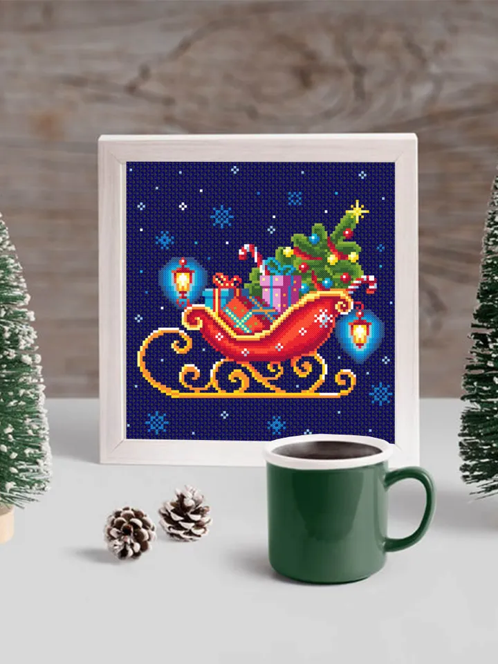 Santa sleigh with christmas tree cross stitch pattern download PDF Christmas pattern digital PDF, Christmas lanterns cross stitch chart #N13