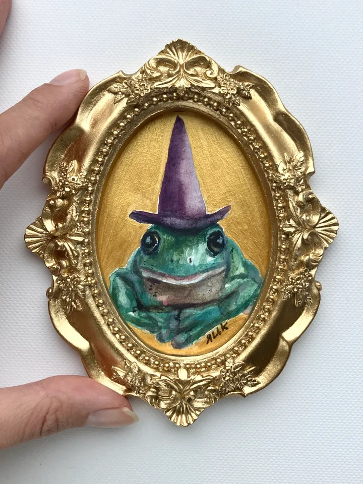 Framed Witch Frog Painting Original Green Frog Artwork Amphibians Art Watercolor Painting Tiny Artwork