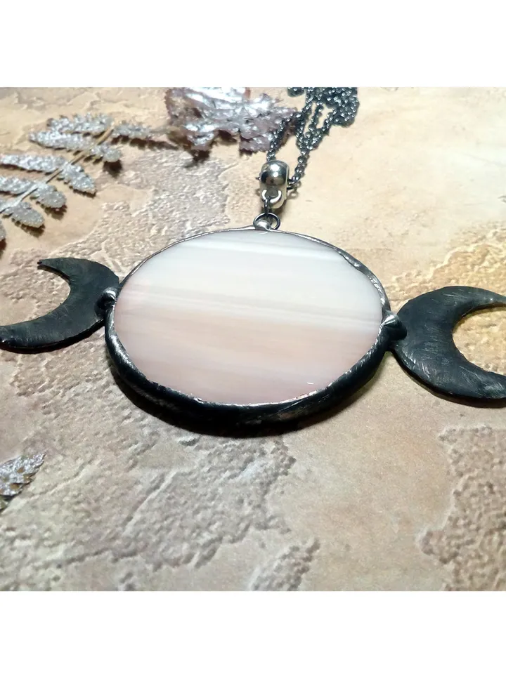 Hecate necklace, Moon Goddess, Stained glass moon, Moon phase necklace, Stainglass pink moon crescent, Full moon pendant
