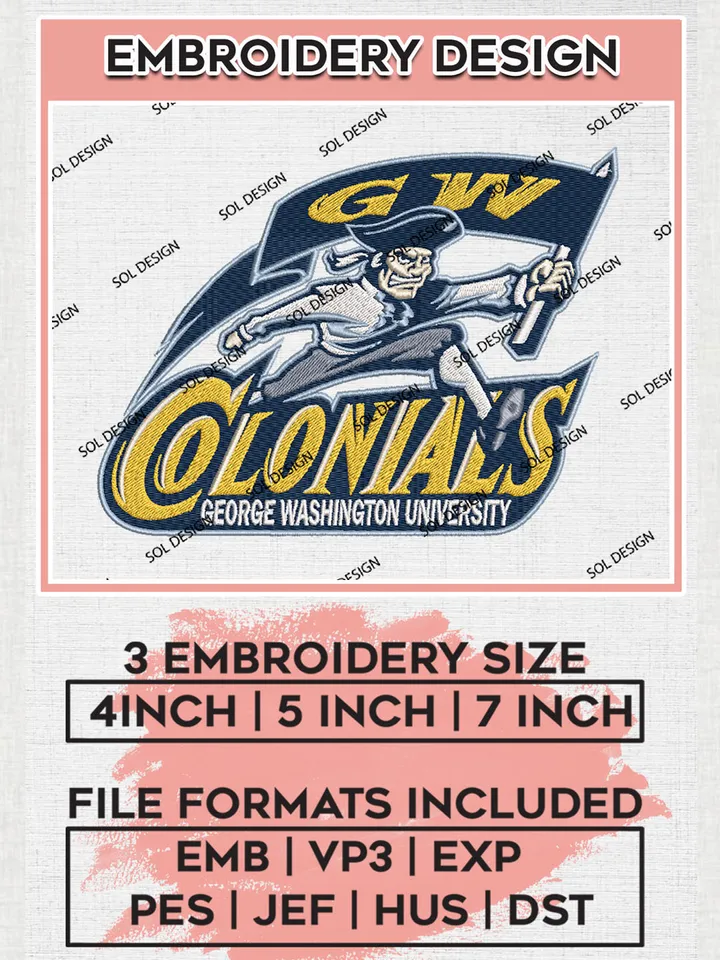 George Washington Colonials Team Logo Embroidery Design Files, NCAA George Washington Colonials Machine Embroidery, NCAA Teams, 3 sizes, NCAA Machine embroidery designs, Digital Download