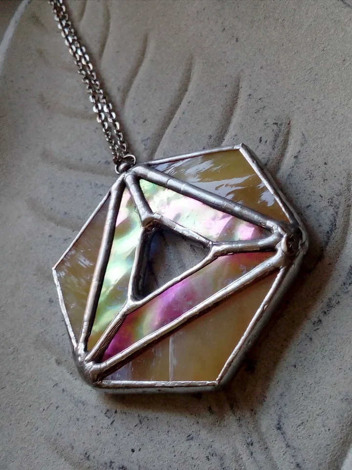 Iridescent stained glass, geometric pendant, Hexagon dichroic necklace, Stained glass cute necklace, Sacred geometry