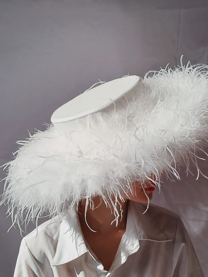 feather hat, photo shoot hat, futuristic hat, wedding hat, costume hat, ostrich feather hat, beautiful hat.