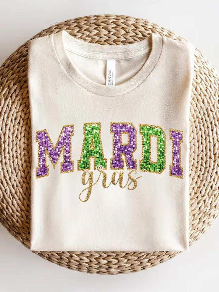 Mardi Gras Faux Sequin Embroidered PNG- Mardi Gras Shirt, Mardi Gras Digital, DTF, Faux Embroidery, Stitch, Matching, Glitter