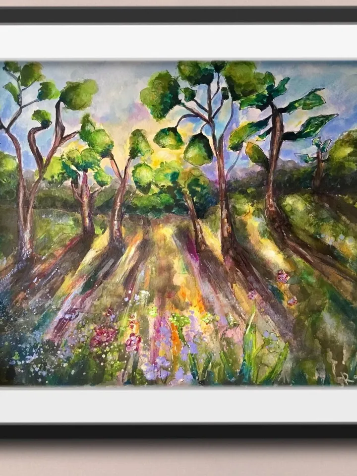 Fantasy landscape original watercolour painting,trees and flower fields on sunset,home decoration,wall hanging,gift.