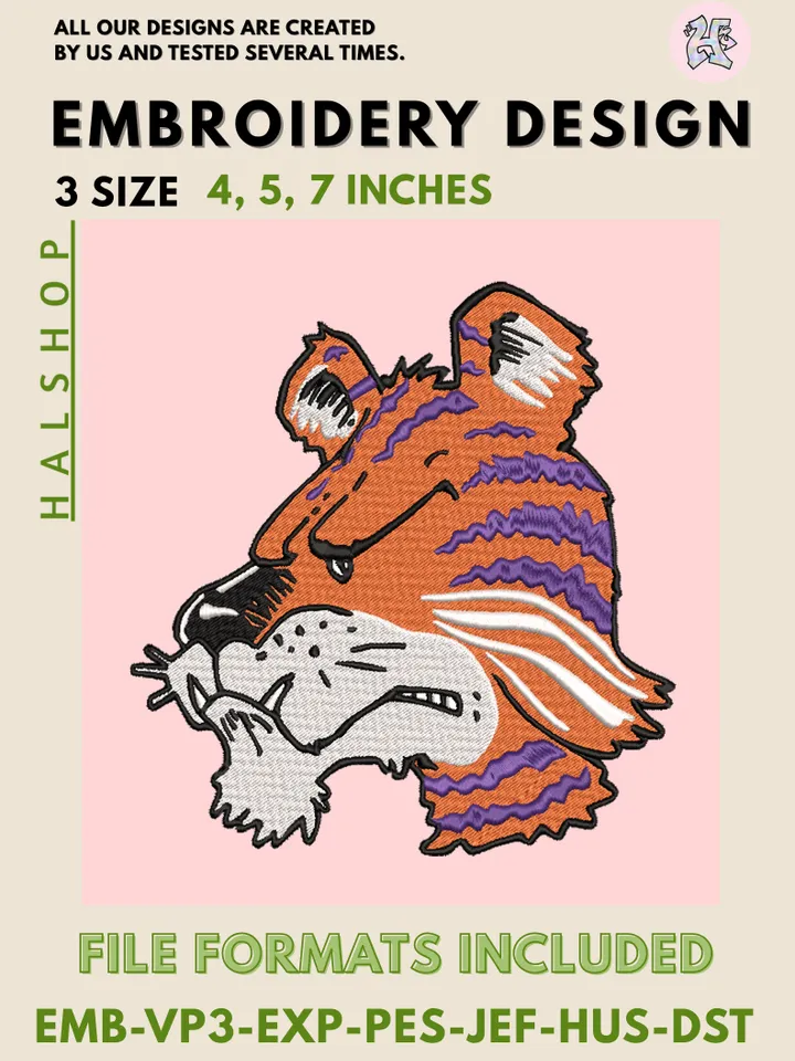 Clemson Tigers NCAA Team Funny Mascot Logo Embroidery Design Files – College Sports Machine Embroidery, 3 Sizes, Digital Instant Download