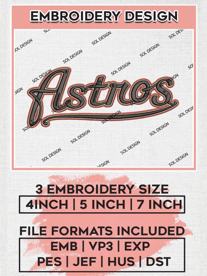 MLB Astros Wordmark Logo Embroidery Design Files, MLB Houston Astros Team Embroidery, MLB Teams, 3 sizes, MLB Machine embroidery designs, Digital Download
