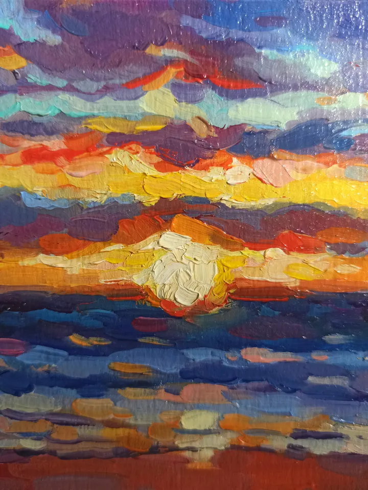 Seascape, Sunset at the sea, Small original oil painting 5x7 inches