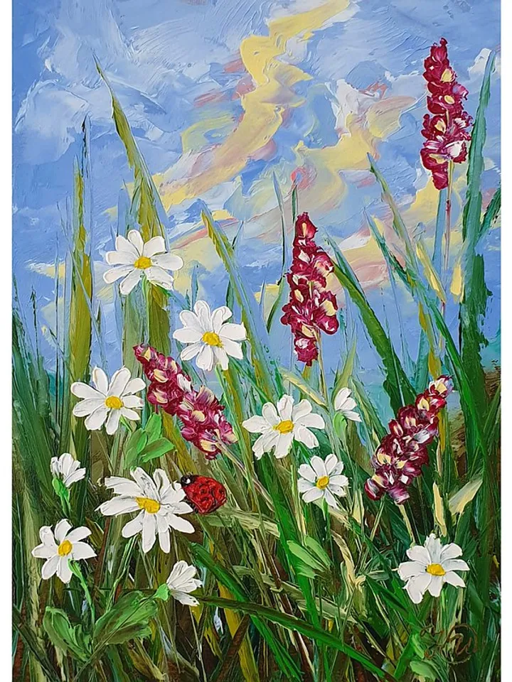 Daisy Painting Bluebonnet Original Art Wildflower Wall Art Ladybug Art Meadow
