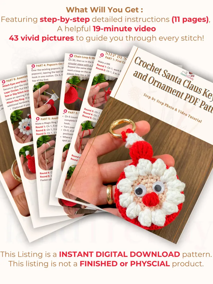 Crochet Santa Claus Keychain and Ornament PDF Pattern, DIY Christmas Decoration, Handmade Festive Keyring, Holiday Crochet Design