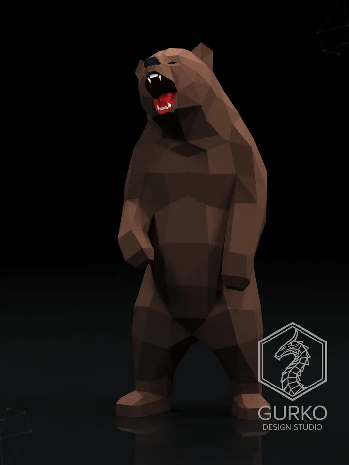 Angry Bear Papercraft, Grizzly, Digital Template, PDF Download, Gurko, 3D Low Poly, Pepakura, Origami Sculpture, Paper Party Decor, DIY Gift