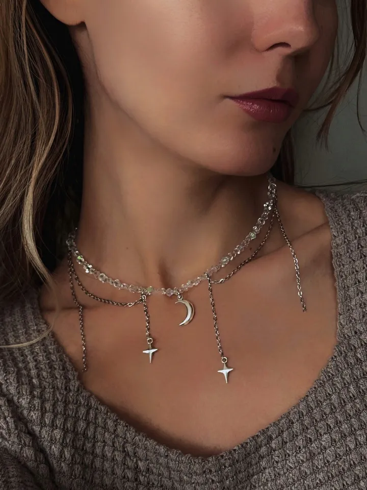 Chain necklace, Choker with a chain and a moon pendant, a necklace with a crescent moon, Silver Choker, Layer Link necklace, Multi Strand necklace