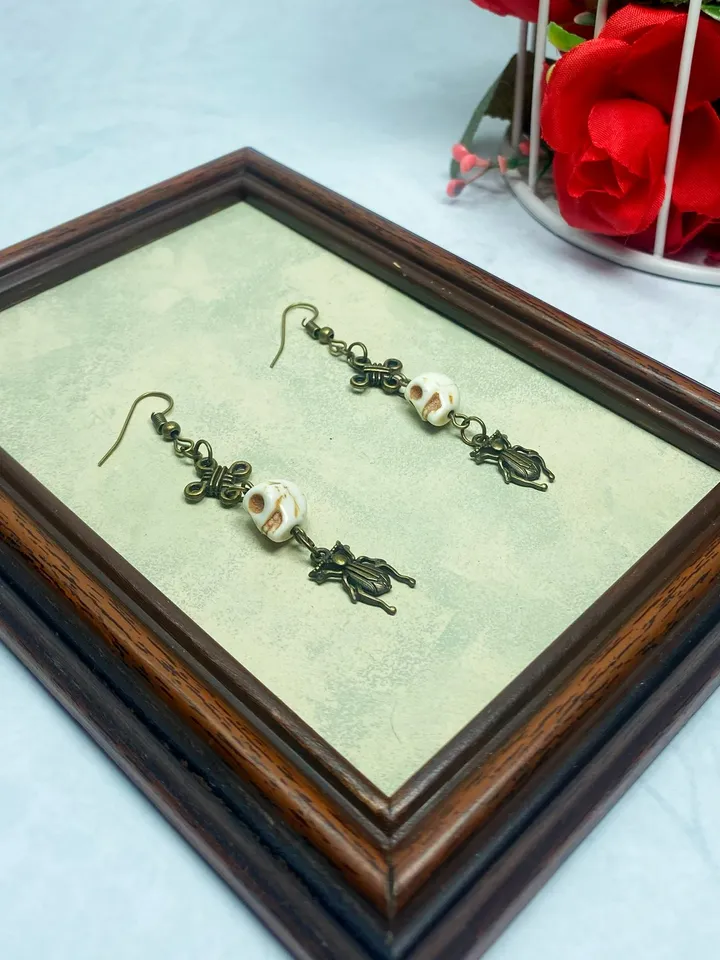 Earrings with skulls and beetles. Handmade bronze earrings.
