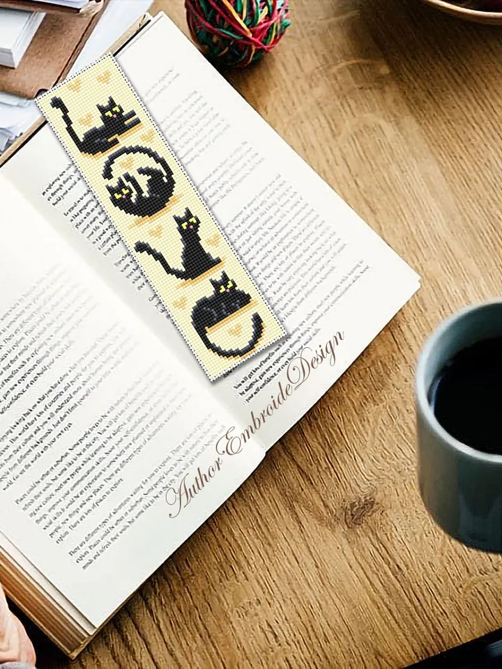 Cat bookmark cross stitch pattern download PDF Love cats cross stitch chart, Funny bookmark digital pattern PDF, Black cat embroidery #B320
