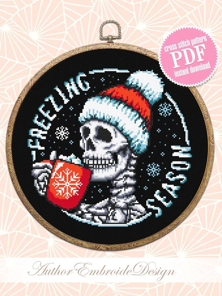 Skeleton Christmas cross stitch pattern PDF download Gothic Christmas pattern digital PDF, Skull cross stitch chart, Freezing season #N109
