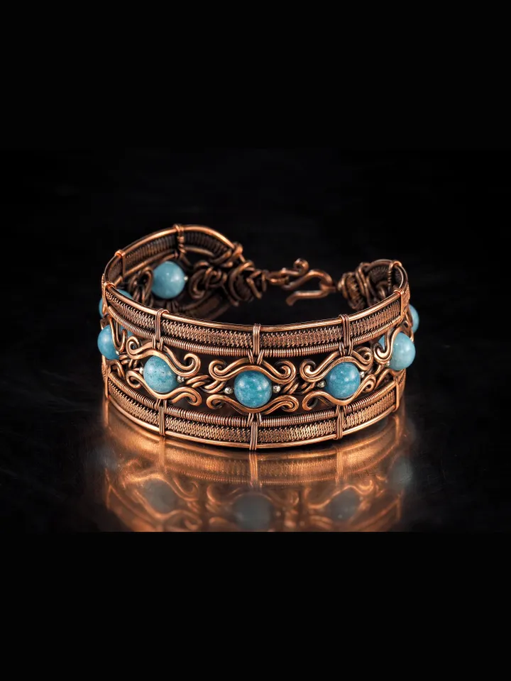 Copper wire wrapped aquamarine bracelet Unique bangle 7th Wedding Anniversary