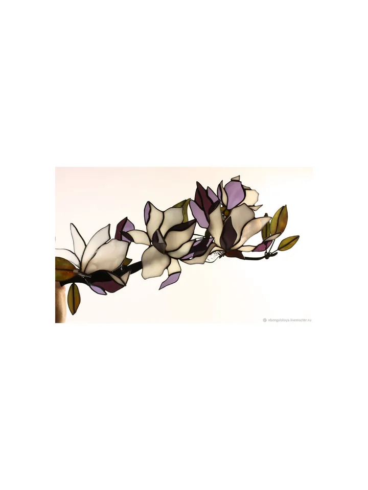 Purple Magnolia Branch. Tiffany-Style Stained Glass (3D Composition), Branch of Purple Magnolias. Tiffany-Style Stained Glass (3D Composition), Purple Magnolia Branch. 3D Tiffany-Style Stained Glass, Tiffany Stained Glass Branch with Purple Magnolias
