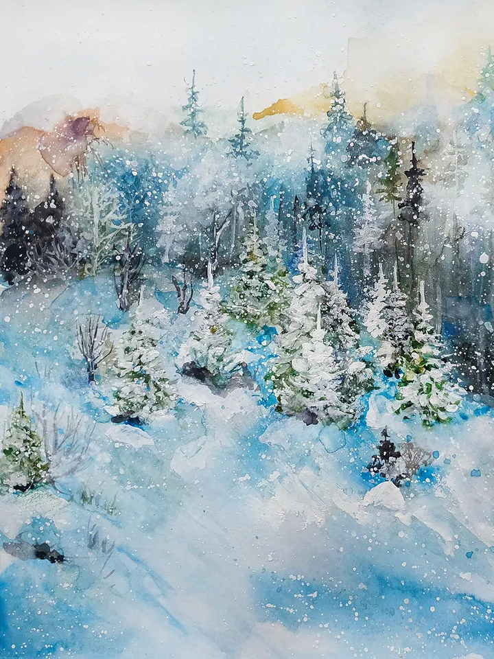 Watercolor painting Snowy Mountains