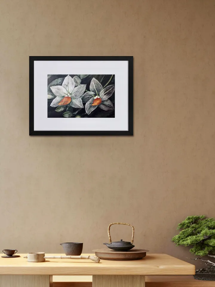 White orchids on black background Matte Paper Framed Poster,orchids painting,flowers wall art,home decoration gift.