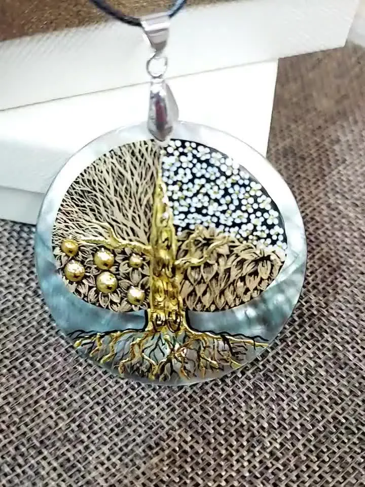Pearl pendant Necklace: Tree of life inspired by Gustav Klimt painted on mother of pearl handmade jewelry • Trendy necklace for dainty women