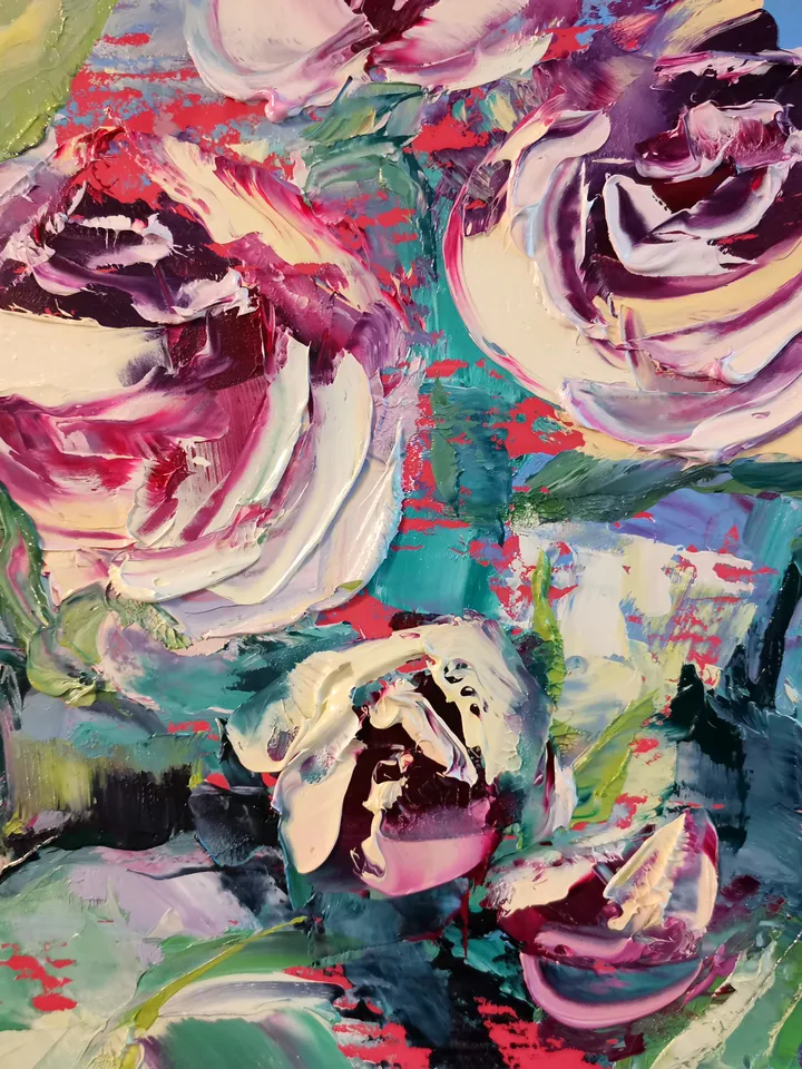 Oil Painting Flower Pink Roses Bushes Impasto Original Artist Svinar Oksana