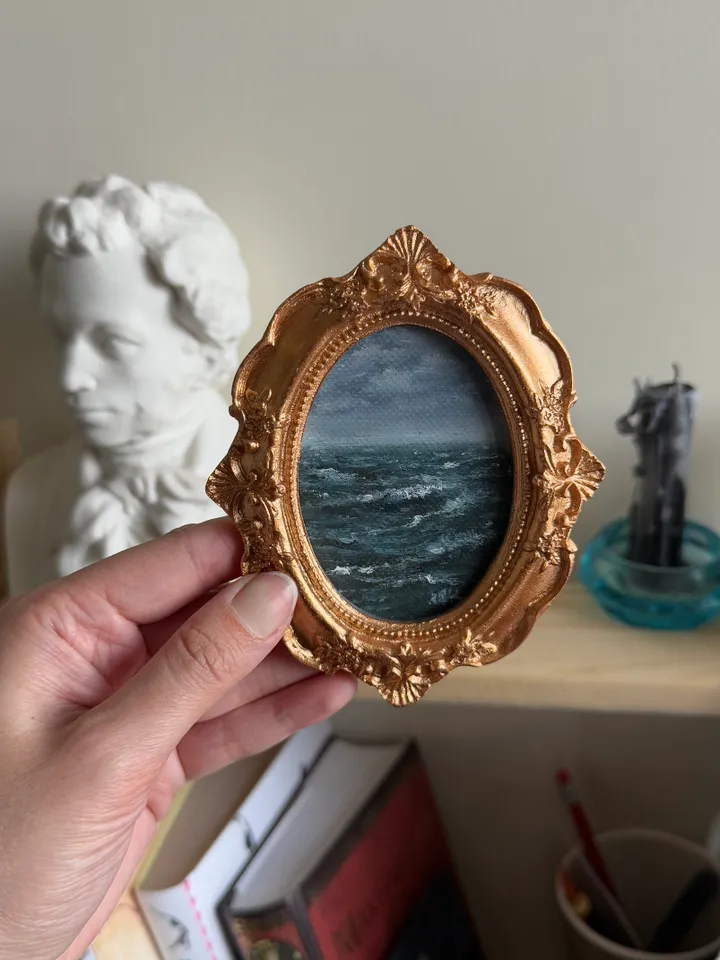 Ocean Landscape Oil Painting Original In Vintage Style Frame Small Framed Oval Painting Art Renaissance Antique Seascape Painting