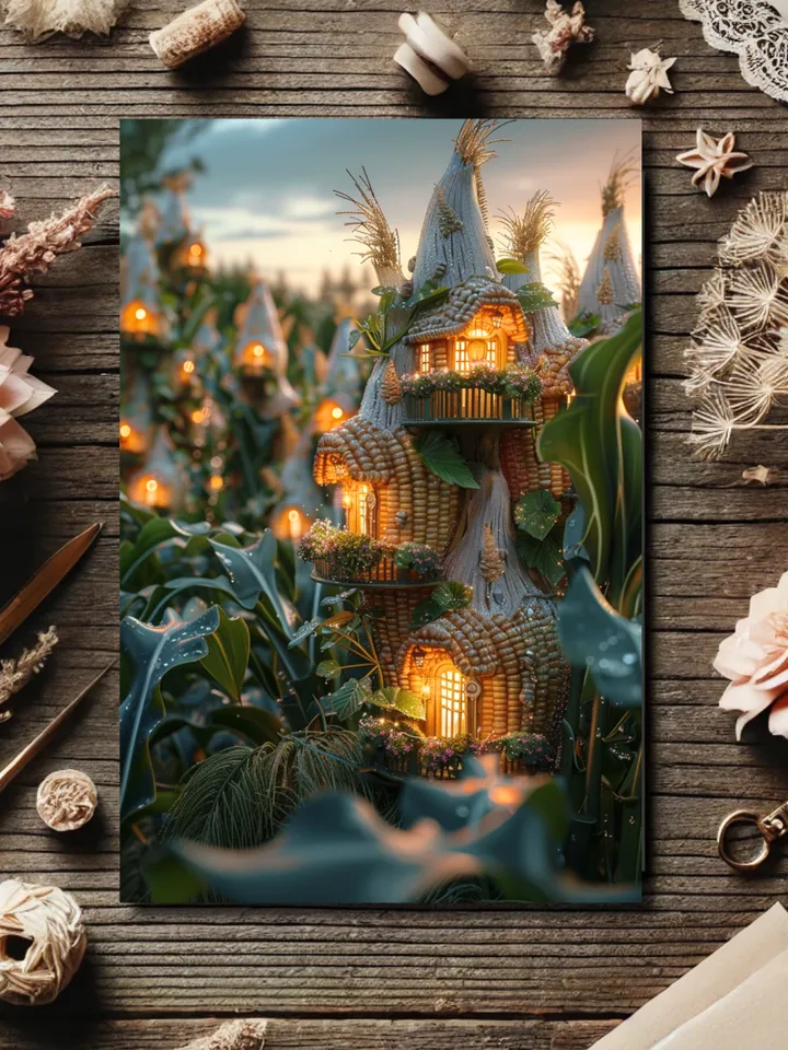 Set of 6 Enchanted Fairy and Mythical Creature House Postcards – Fantasy Art Collection. Corn Houses