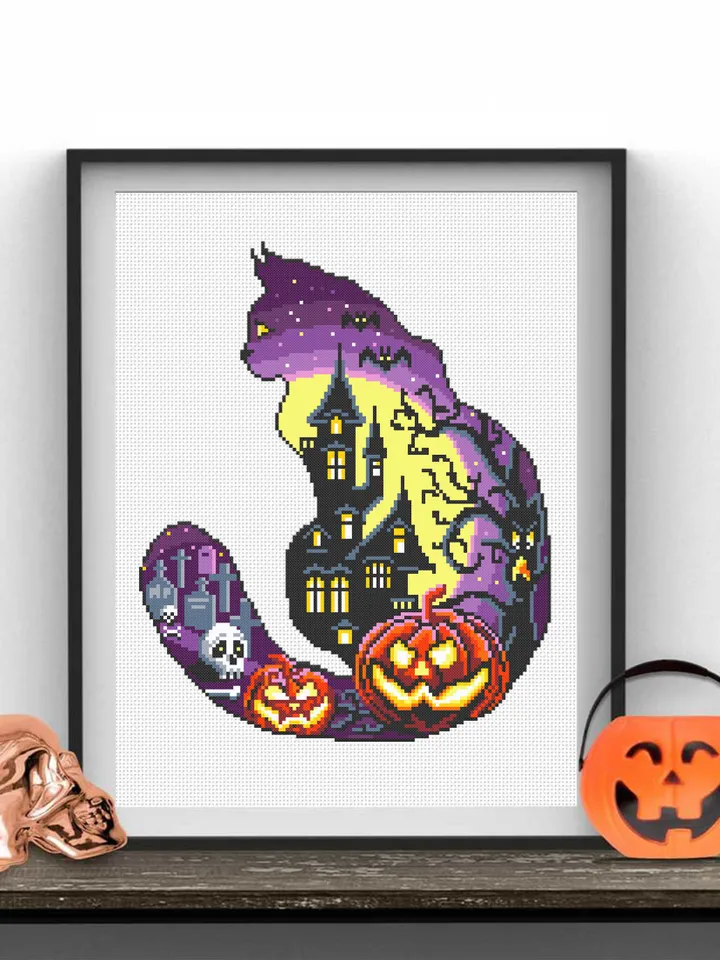 Halloween cat silhouette cross stitch pattern PDF download Haunted house cross stitch chart, Halloween pattern digital PDF, Cat lover #H17