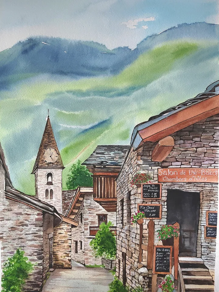 Stone Houses Artwork Medieval Village Art Alpine Village Picture 15x11 in Original Watercolor Painting by SoftWaves
