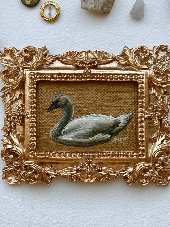Framed Swan Oil Painting Original White Swan Art Bird Painting Gold Frame Dark Academia