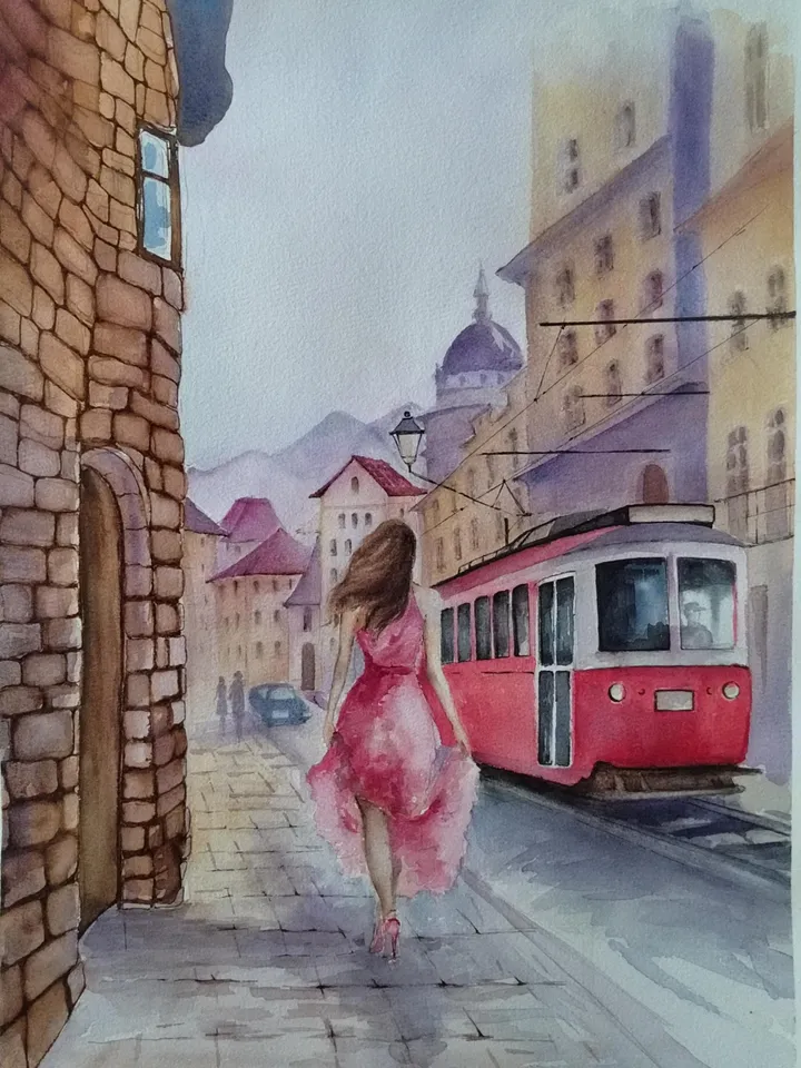 Red Tram Painting Original Watercolor Art Urban Landscape Arwork Old Street Picture Girl Dress 11.81x15.74 in by SoftWaves