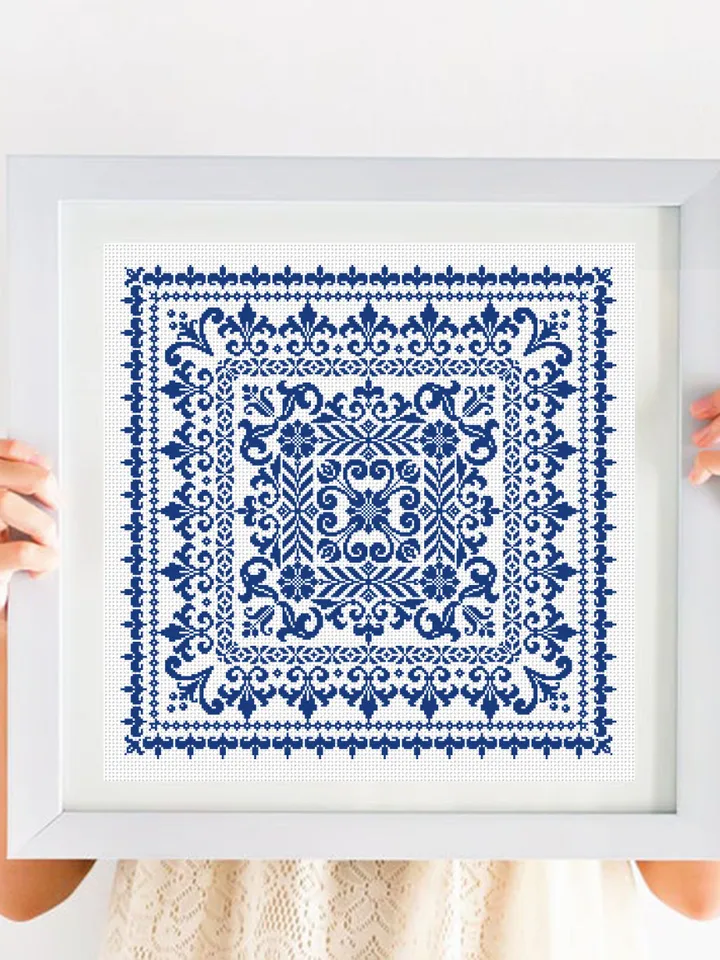 Square mandala cross stitch pattern PDF download, Floral ornament pattern for cross stitch pillow, Carpet counted cross stitch sampler #M202
