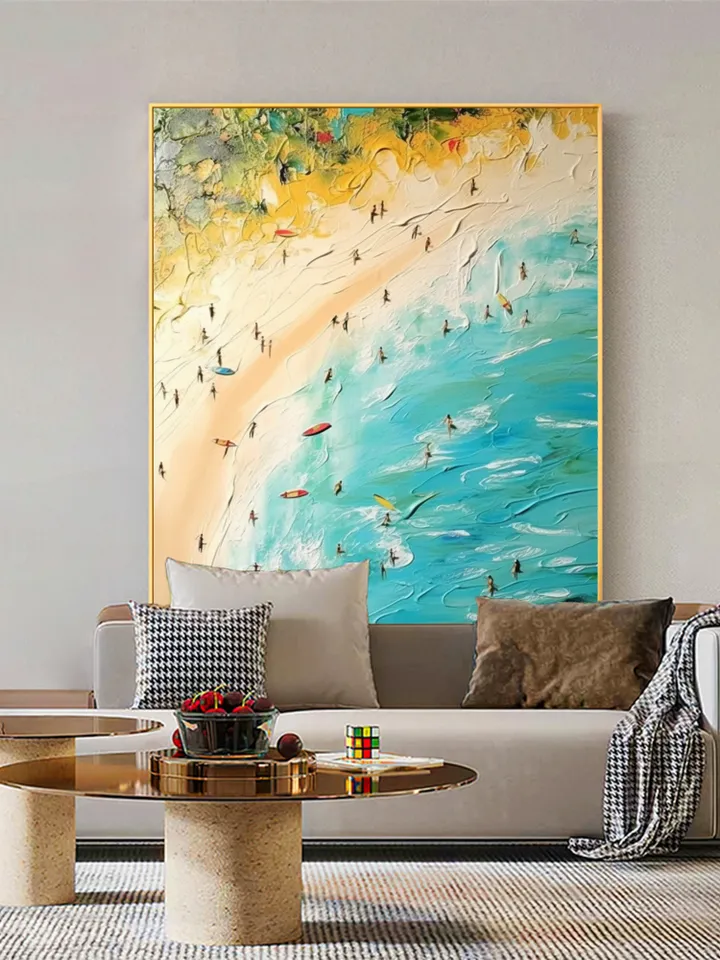 Original Beach Painting On Canvas, Summer Seaside Oil Painting, Golden Beach Art, Office Living Room Wall Art, Large Wall Art, Home Decor