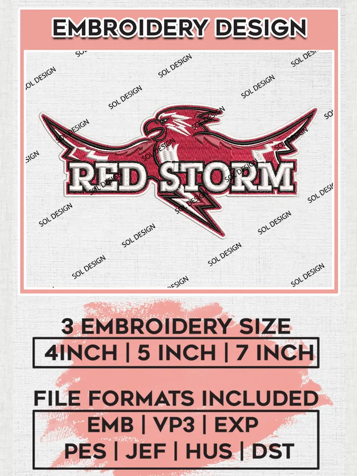 NCAA Red Storm College Team Mascot Logo Embroidery Design Files, NCAA St Johns Red Storm Machine Embroidery, NCAA Teams, 3 sizes, NCAA Machine embroidery designs, Digital Download