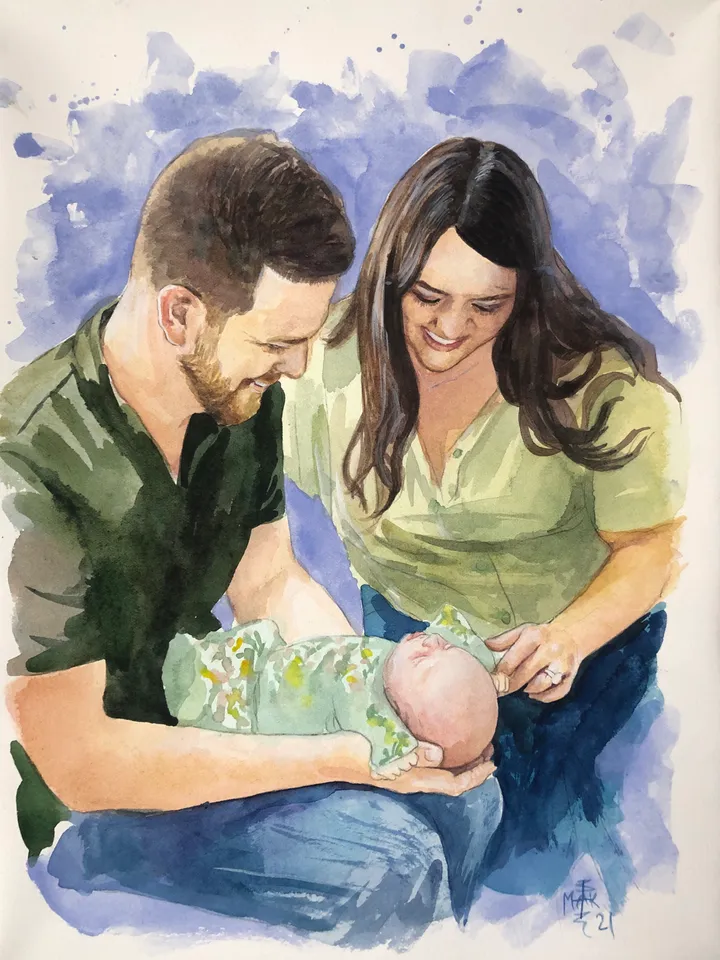 3 Persons watercolor Portrait from photo A4 size